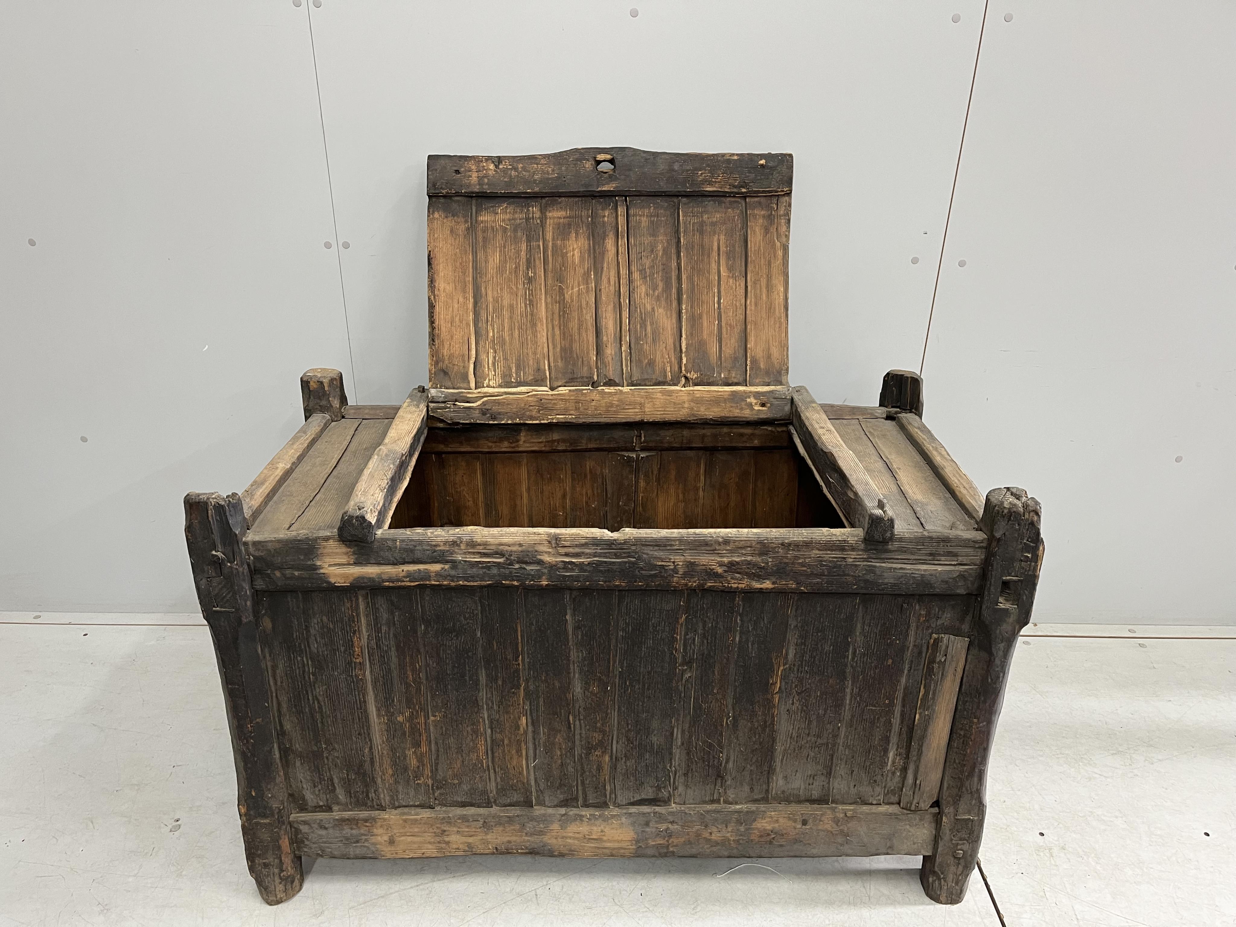 A 19th century East European pine coffer, width 118cm, depth 58cm, height 75cm. Condition - poor